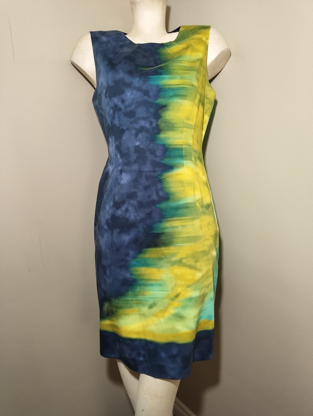 Elie Tahari Colorblock Sheath Dress Watercolor Print Sleeveless Cotton Blend 10 - Picture 4 of 16